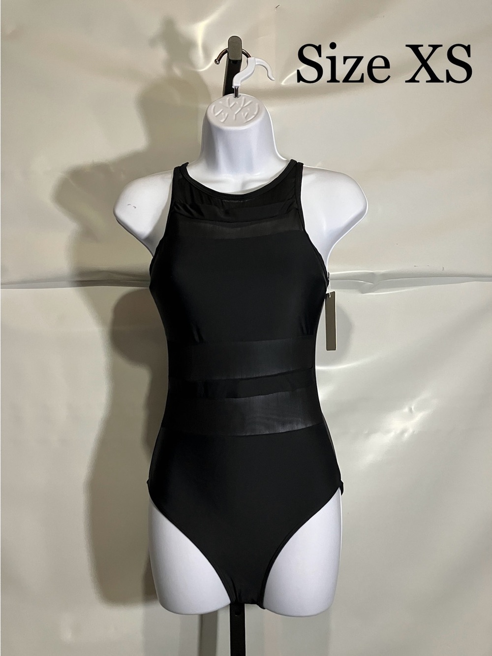 High-Neck Black One-Piece Swimsuit with Sheer Panel Detailing